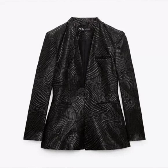 New Zara Festive Days Lapelless Jacquard Black/Gold Blazer Suit Jacket NWT Small - Picture 4 of 14